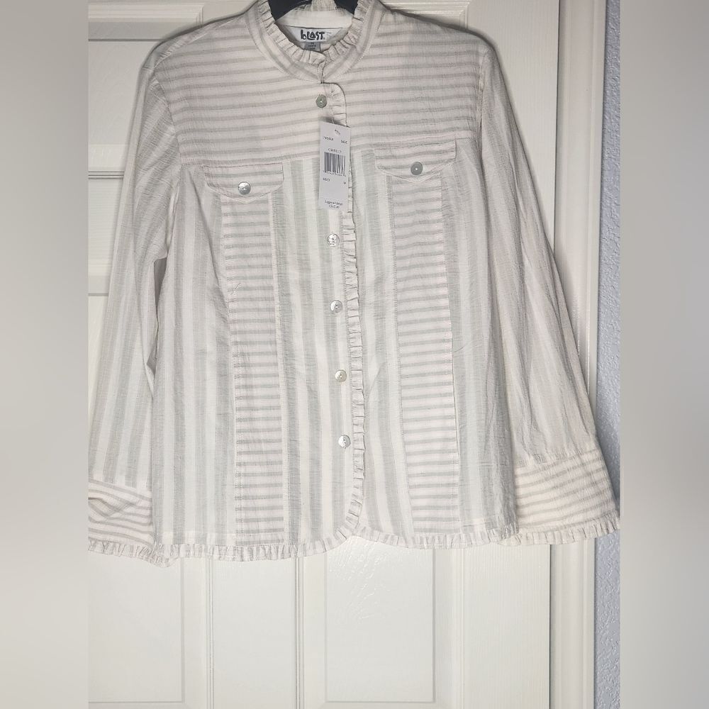NWT Blast M Striped CreamSagePocketsRuffle LSlv ButtonUp LINEN Blend Women Shirt